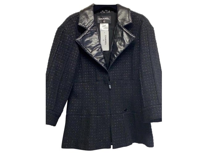 Chanel Jackets Black Navy blue Leather Tweed  ref.304887