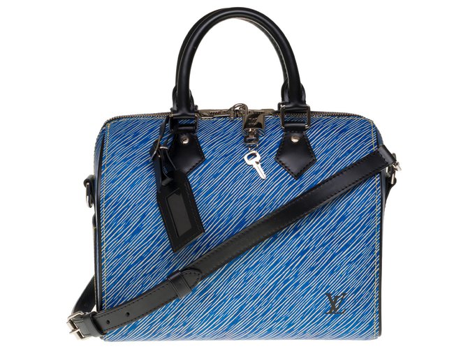 Louis Vuitton Speedy raro 25 Bandolera Epi Denim azul y blanca con bandolera de piel negra ajustable y extraíble Cuero  ref.304892