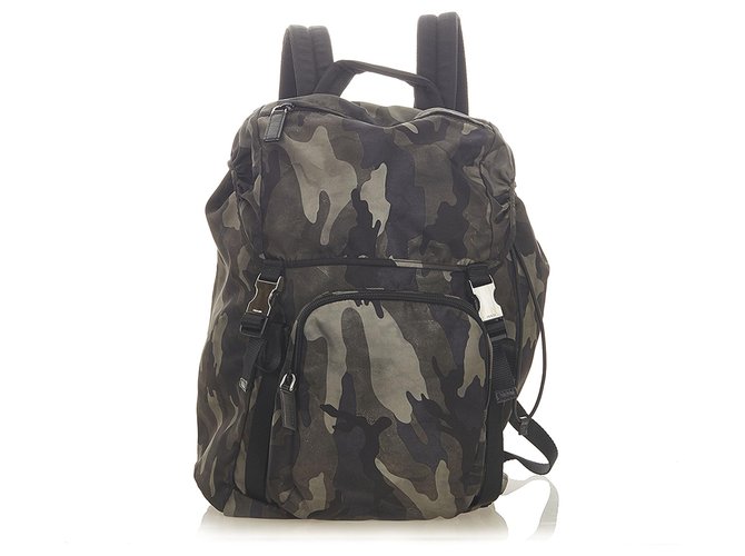 Prada Green Tessuto Camouflage Backpack Multiple colors Dark green Leather Pony style calfskin Nylon Cloth ref.305733 Joli Closet