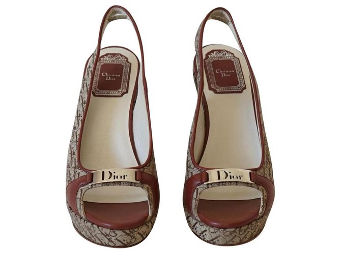 Christian Dior Dior wedge sandals Brown Beige Leather Cloth  ref.305924