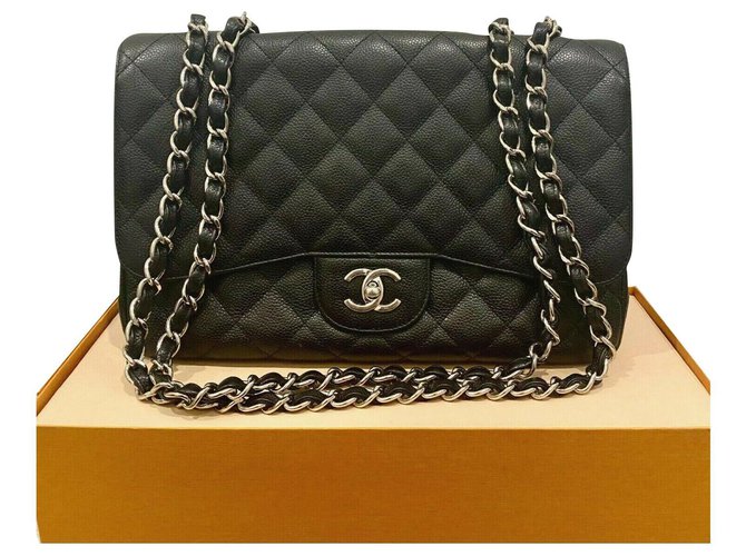 Timeless Chanel Black Quilted Caviar Leather Classic Jumbo Single Flap Bag  ref.307127