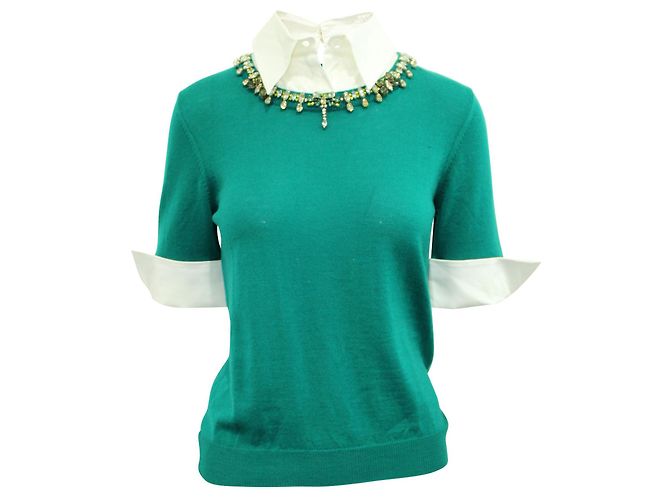Mary Katrantzou Suéter de lã verde com colarinho branco e enfeites