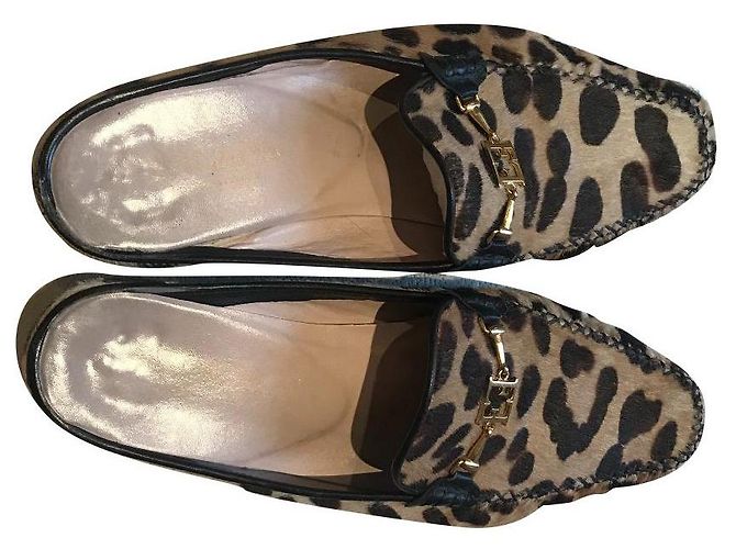 Escada Leopard Print Leather Mules Brown