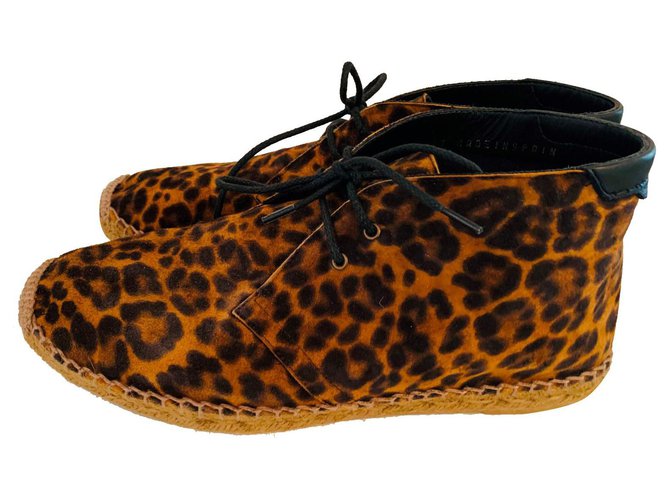 Saint Laurent Leopard-print suede lace-up espadrilles Brown Black Leopard print  ref.308445