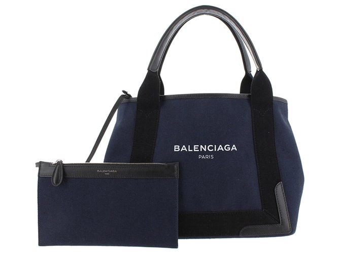 Balenciaga Borsa tote Cabas S in tela blu navy Nero Pelle Vitello simile a un vitello Panno  ref.308587