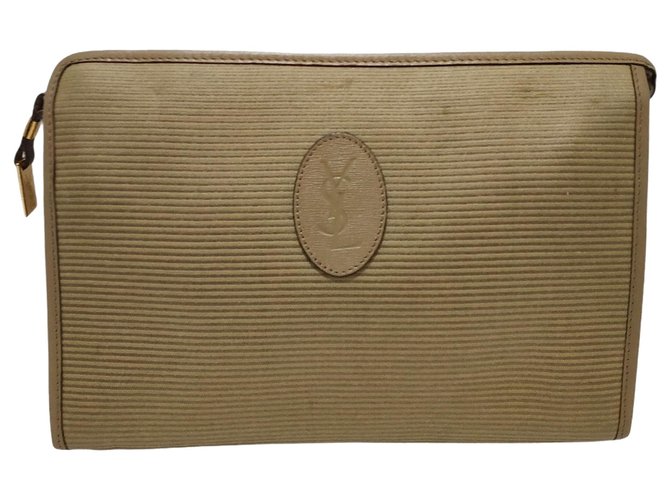 Yves Saint Laurent YSL Brown Canvas Clutch Bag Beige Leather Cloth