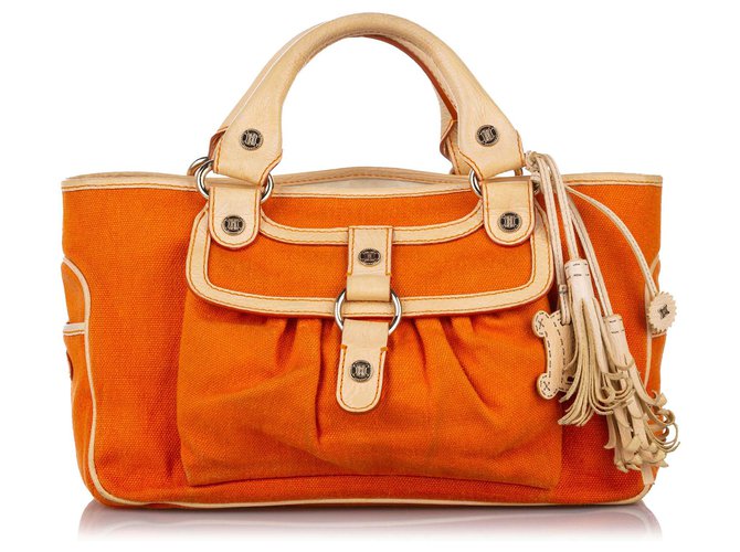 Céline Celine Orange Boogie Canvas Handtasche Weiß Leder Leinwand Kalbähnliches Kalb Tuch  ref.308645