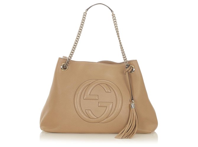 Gucci Brown Soho Chain Leather Tote Bag Beige Pony-style calfskin  ref.308831