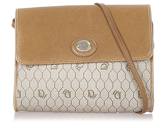 Dior Brown Honeycomb Coated Canvas Chain Crossbody Bag Beige Light brown Leather Cloth Pony-style calfskin Cloth  ref.309473