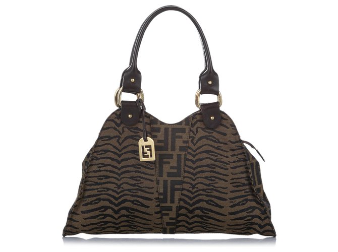 Fendi Brown Zucca Zebra Print Canvas Handbag Dark brown Leather Cloth Pony-style calfskin Cloth  ref.309482