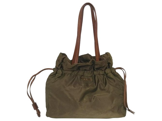 Prada Vintage - Nylon Drawstring Tote Bag - Brown - Leather