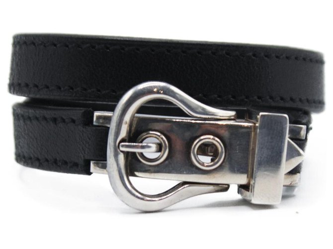 Hermès silver bracelet Black Leather  ref.309663