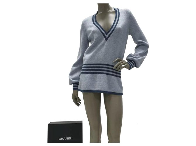 Suéter listrado de cashmere azul da Chanel Sz 38 Multicor Casimira  ref.309896