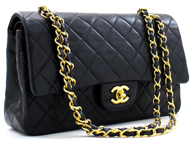 Chanel 2.55 gefütterte Klappe 10"Chain Shoulder Bag Black Lambskin Schwarz Leder  ref.310097