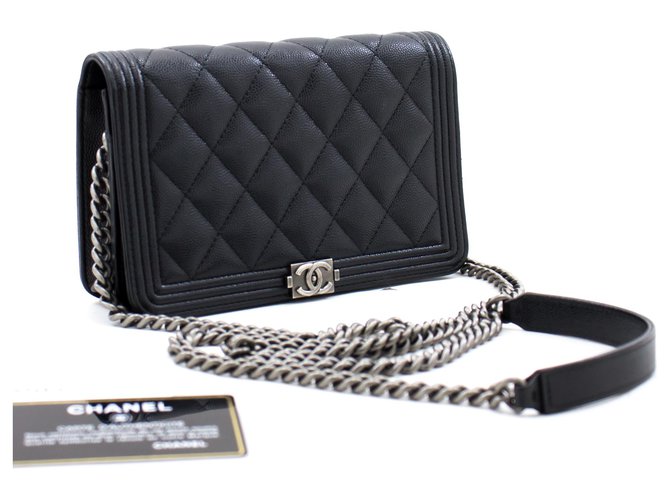 CHANEL Boy Caviar Wallet On Chain WOC Black Flap Shoulder Bag Leather  ref.310098 - Joli Closet