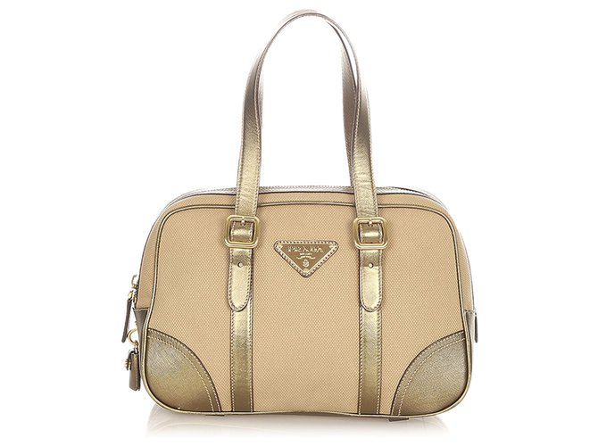 Prada Brown Canvas Handbag Beige Golden Leather Cloth Pony-style calfskin  Cloth  - Joli Closet