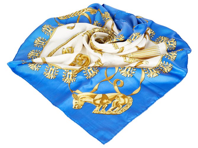 Hermès Lenço de seda Hermes Blue Les Cavaliers dOr Azul Multicor Pano  ref.310209