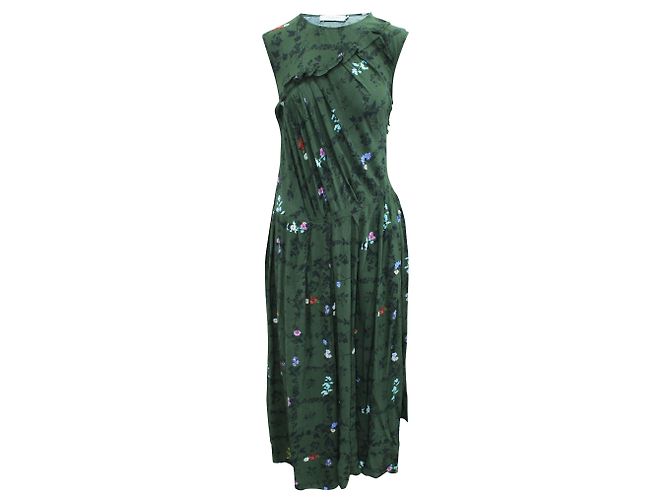 Preen Vestido assimétrico franzido em crepe de chine com estampa floral crepe de chine maxi Verde
