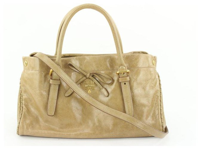 Prada BN1866 Beige Vitello Shine Leather Bow Shopping Bag with Strap  ref.310468