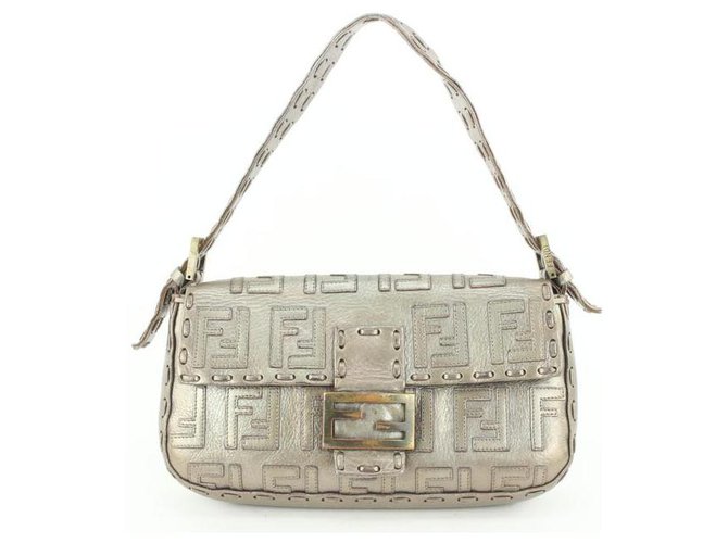 Fendi Silver Whipstitch Embossed FF Leather Mama Baguette Flap Bag  ref.310669