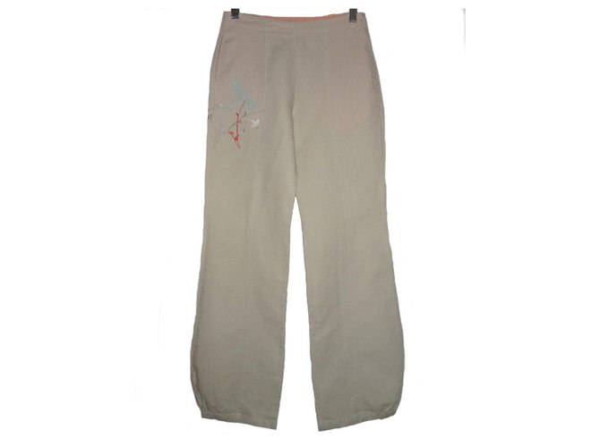 VERY RARE KENZO JUNGLE SUMMER TROUSERS WITH EBROIDERY Beige Cotton Linen  ref.310711