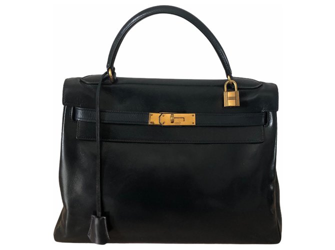 Hermès Paris Kelly 32 in black suede Gold hardware Leather  ref.311098