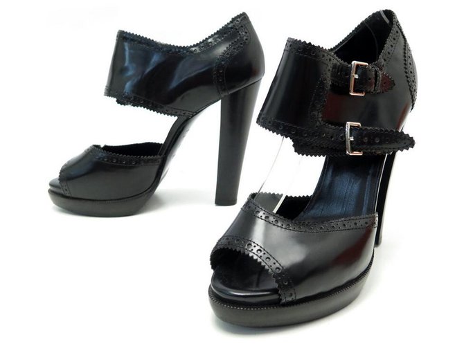 Hermès HERMES SHOES SANDALS WITH BUCKLES WITH HEELS 39 BLACK LEATHER + SHOES BOX  ref.311166