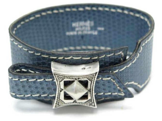Hermès NEW HERMES BRACELET TOUAREG BUCKLE SILVER T18 LIZARD BLUE LEATHER Exotic leather  ref.311167