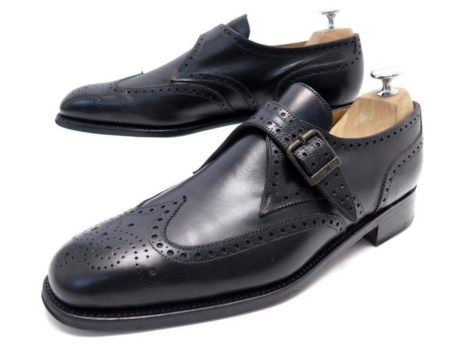 JM WESTON LOAFERS WITH BUCKLE 9C 43 BLACK LEATHER FLOWERED BUTTONS SHOES  ref.311240