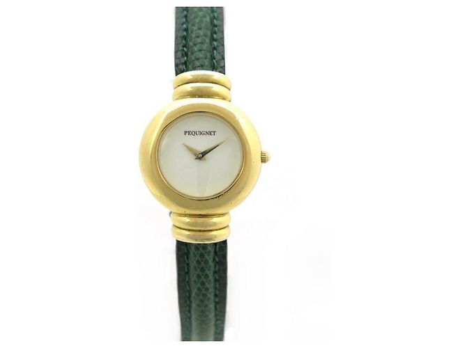 Relógio pequignet 28 PLACA DE OURO MM QUARTZO E COURO DE LEZARD VERDE + CAIXA DE RELÓGIO DE AÇO Dourado