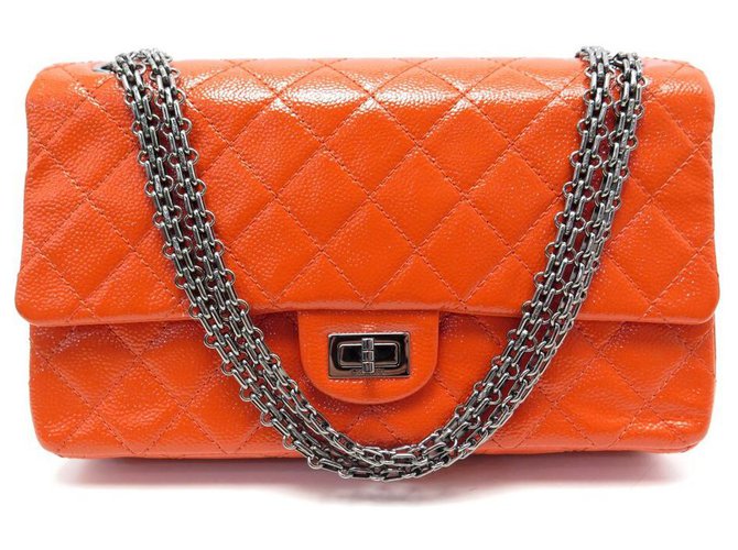 Chanel handbag 2.55 GM CAVIAR LEATHER QUILTED PATENT ORANGE BANDOULIERE Patent leather  ref.311286