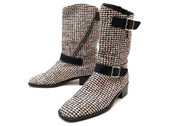 CHANEL G SHOES27805 39.5 TRICOLOR TWEED BUCKLE BOOTS  ref.311308