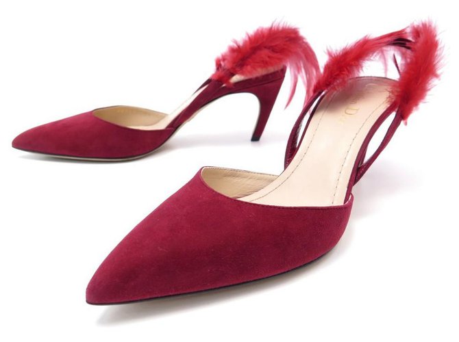 NEUF CHAUSSURES CHRISTIAN DIOR ESCARPINS SLINGBACK 38.5 PLUMES & DAIM SHOES Suede Rouge  ref.311357