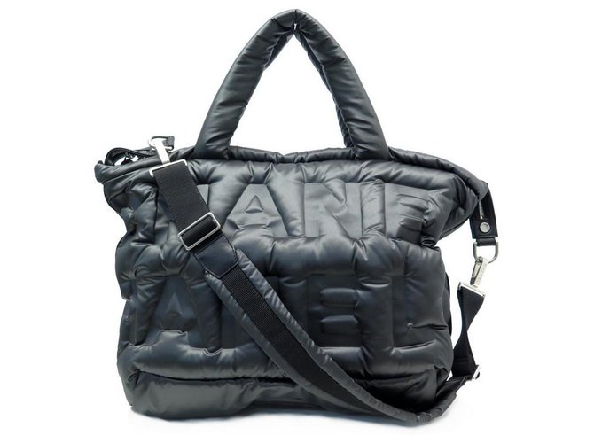 CHANEL Doudoune Embossed Nylon Bowling Bag in Black with White and