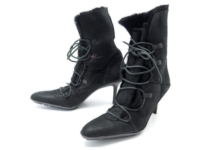 NEUF CHAUSSURES GUCCI 39.5 BOTTINES FOURREES A TALONS DAIM NOIR SUEDE BOOTS  ref.311402