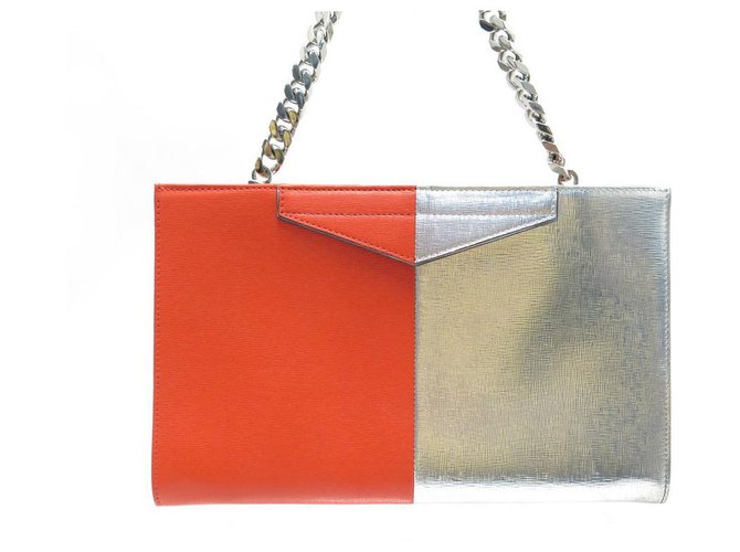 FENDI HANDBAG TWO-TONE POUCH IN RED & SILVER LEATHER HAND BAG CHAIN  ref.311407