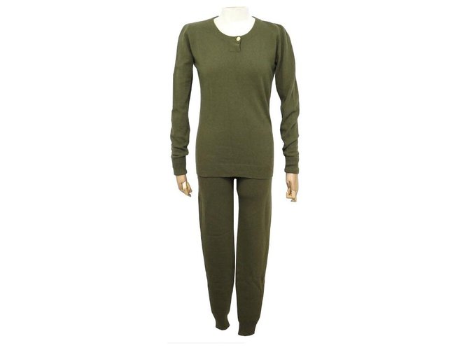 CHANEL PULLOVER AND PANTS SET M 38 KHAKI CASHMERE TROUSERS  ref.311699
