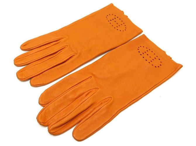 Hermès HERMES EVELYNE H PERFORIERTE HANDSCHUHE AUS ORANGE LAMMLEDER 7 Lederhandschuhe