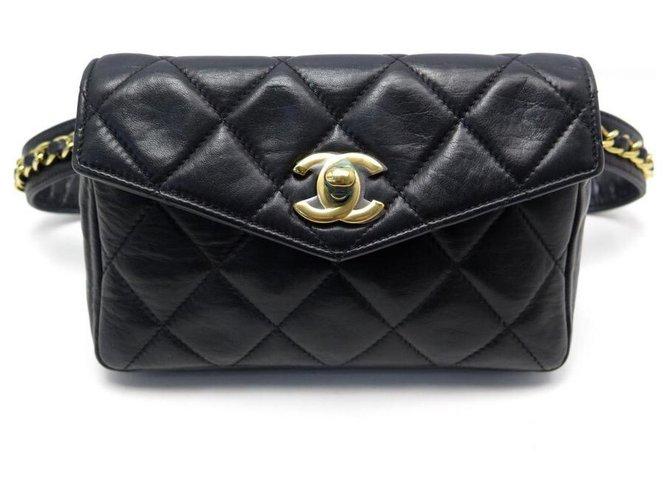 Authentic Chanel Black Calfskin Quilted Small CC Logo Chain