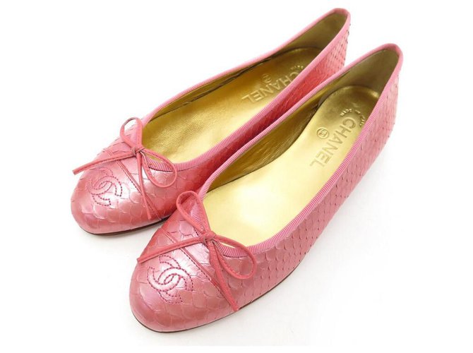 NEUF CHAUSSURES CHANEL BALLERINES LOGO CC G02819 38 PYTHON ROSE + BOITE Cuirs exotiques  ref.312055