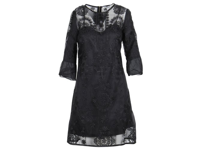 Chloé Black Shift Dress With Embroidered Flowers Silk  ref.312131