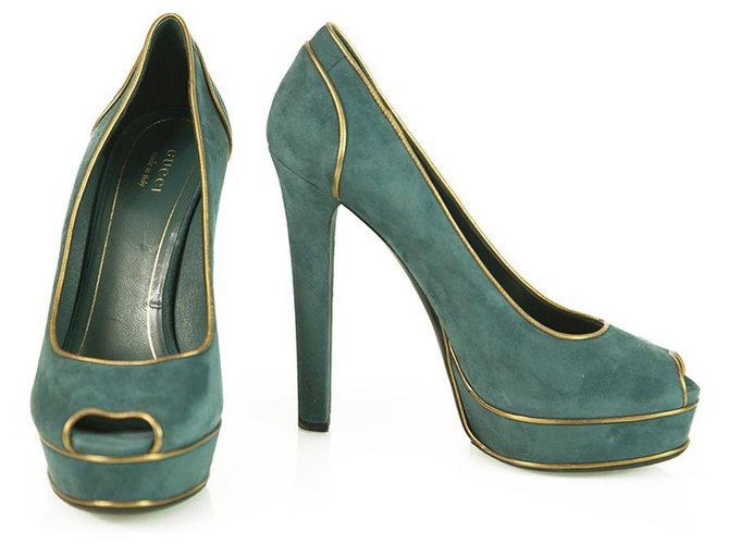 GUCCI Teal Suede Bronze Leather Trim Peep Toe Pumps Sturdy High Heels Shoes 40 Blue Green  ref.312459