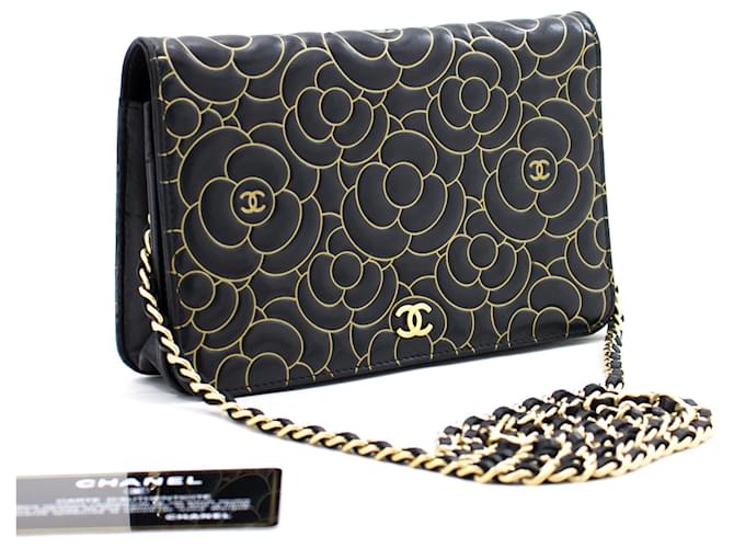 CHANEL Black Camellia Embossed Wallet On Chain WOC Shoulder Bag Leather  ref.313642