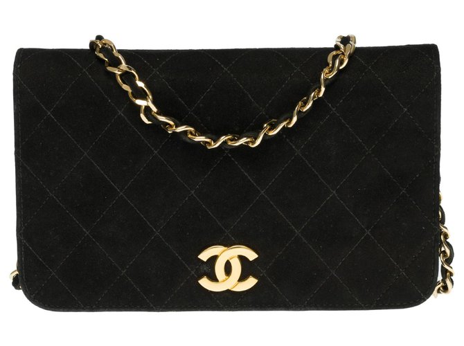 Timeless Linda bolsa Chanel Classic Mini Full Flap em camurça preta, garniture en métal doré Preto  ref.314315