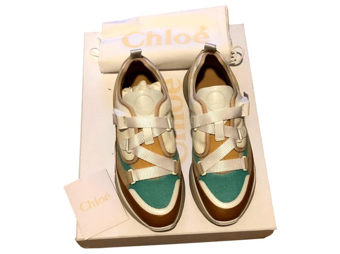 Chloé Sonnie sneakers White Blue Caramel Leather  ref.314987