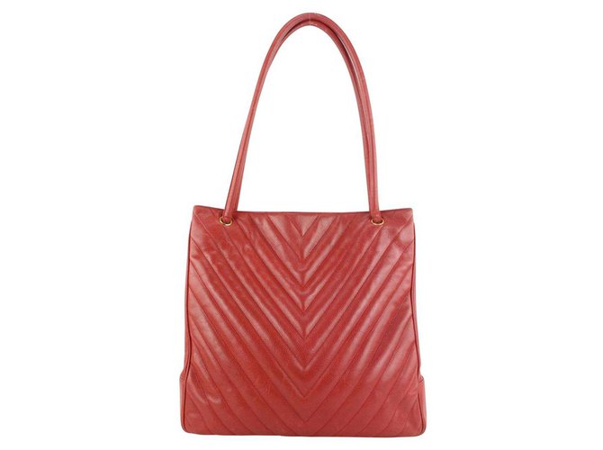 Chanel Large Red Caviar Leather Quilted Chevron Shopper Tote Bag