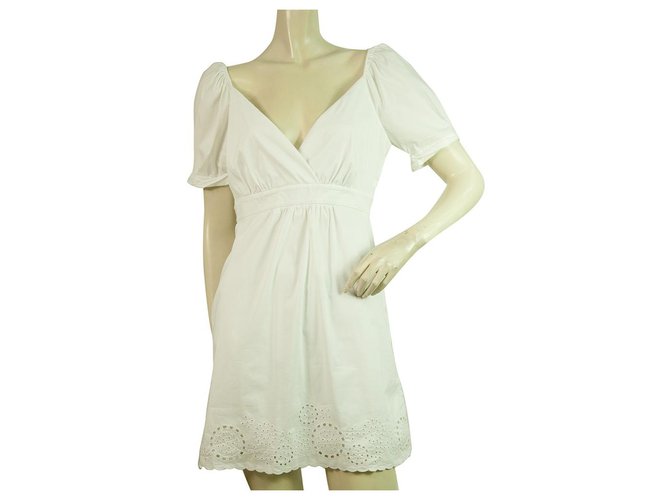 BCBG Max Azria White Puff Sleeves Lace Details Mini Length Dress size 2 Cotton  ref.316230