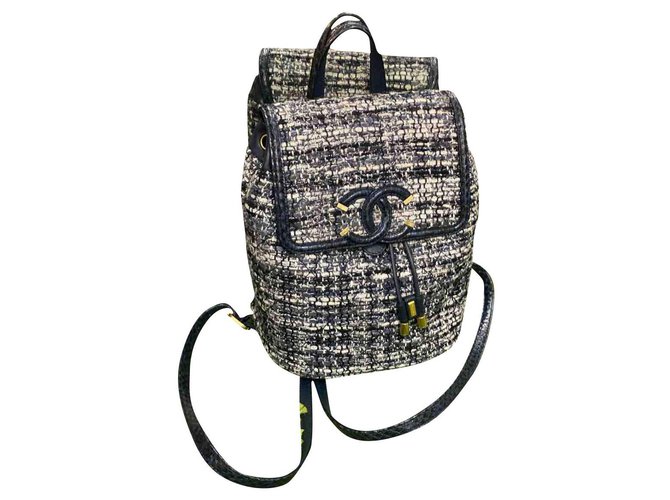 Chanel Snakeskin-trimmed Blue Tweed Leather Backpack Dark blue Python   - Joli Closet