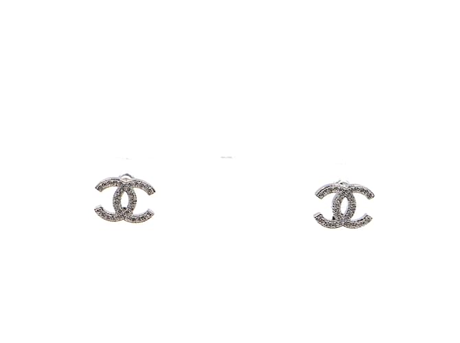 Chanel Silver Crystals Timeless CC Stud Earrings Silvery Metal  ref.317211