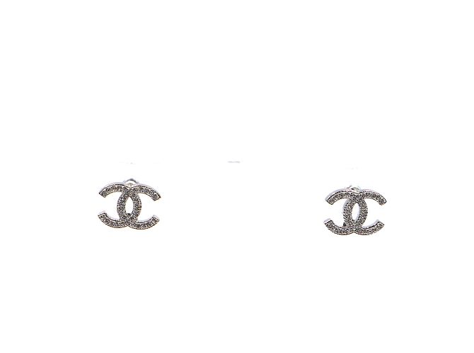 Chanel Silver Crystals Timeless CC Stud Earrings Prata